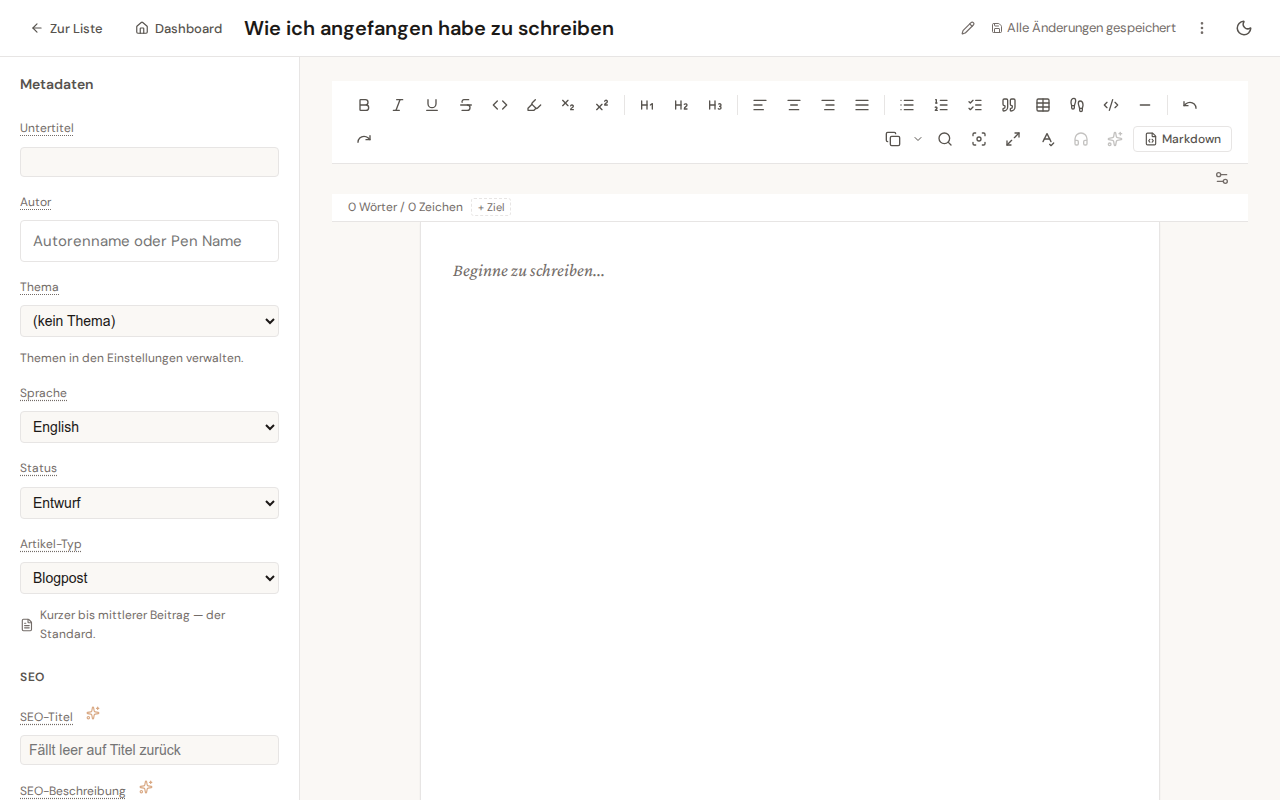 Artikel-Editor mit Metadaten-Sidebar links und Toolbar oben
