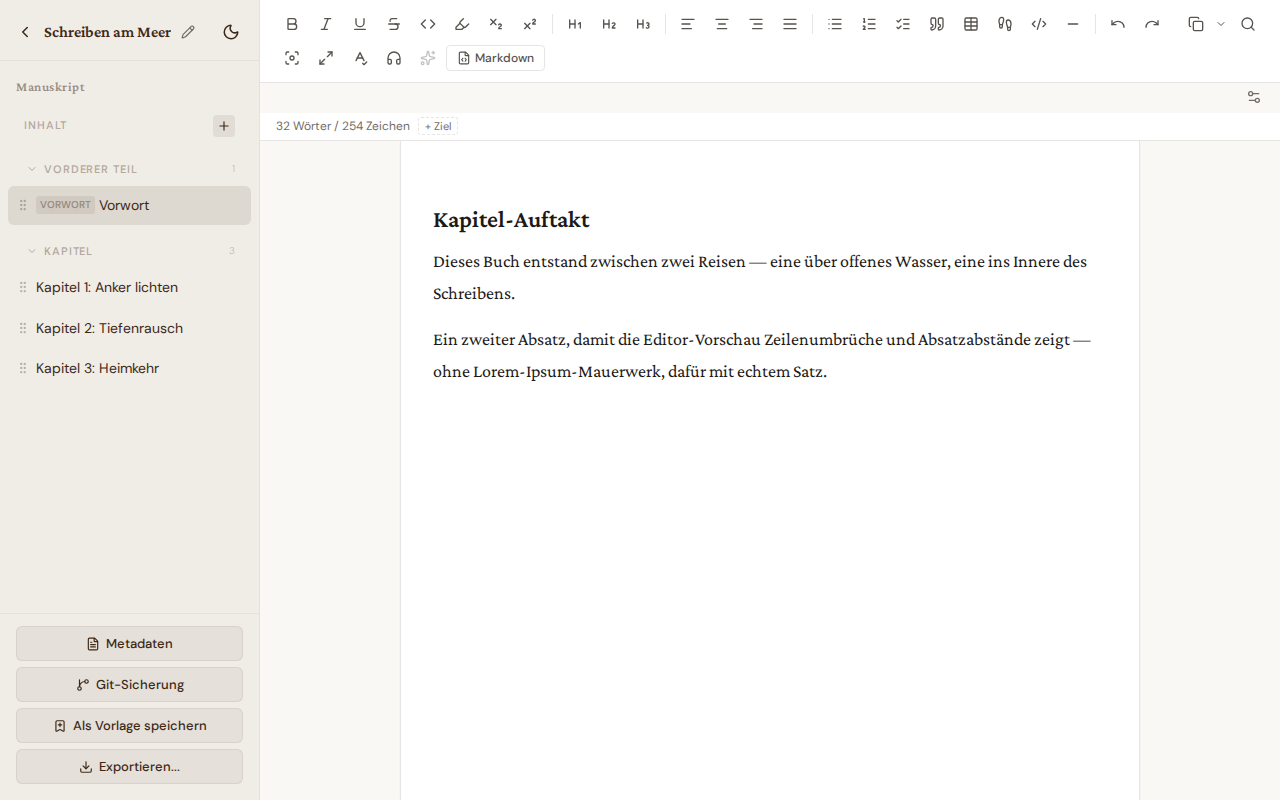 Buch-Editor mit Toolbar und Kapitel-Sidebar