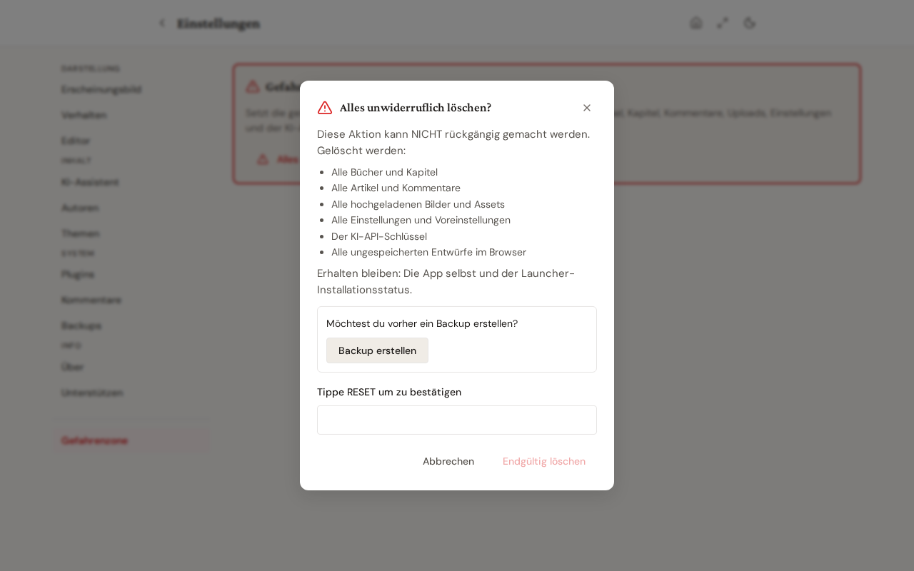 Reset-Bestätigungsdialog mit Lösch-Liste, Backup-Knopf und RESET-Eingabe