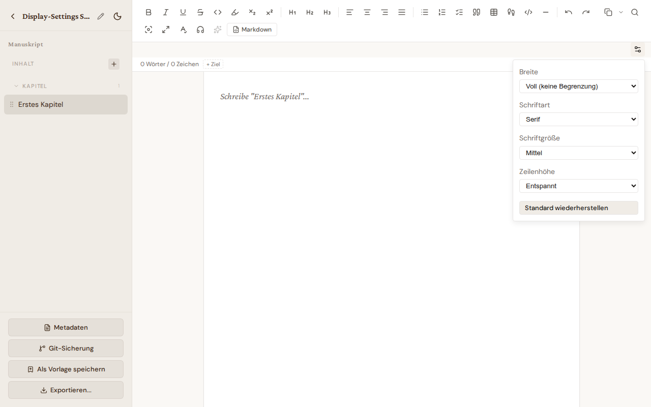 Editor-Anzeige-Einstellungen-Popover