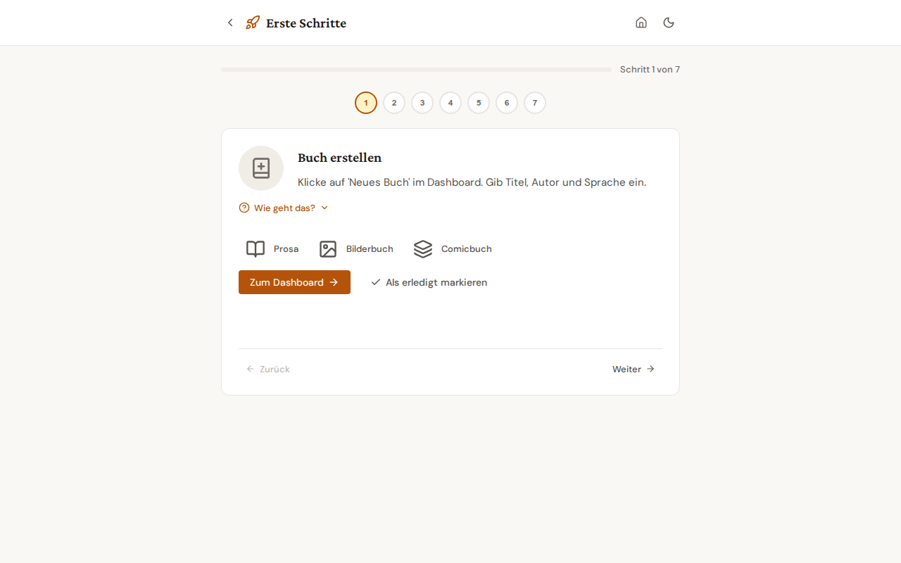 Erste-Schritte-Onboarding-Assistent, Schritt 1 von 7