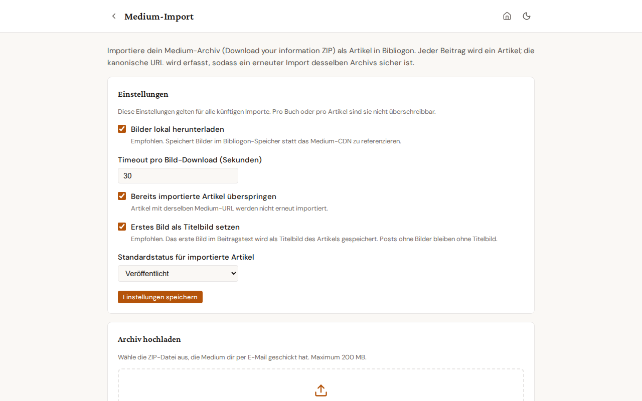 Medium-Import-Seite mit Einstellungen-Karte und Upload-Zone