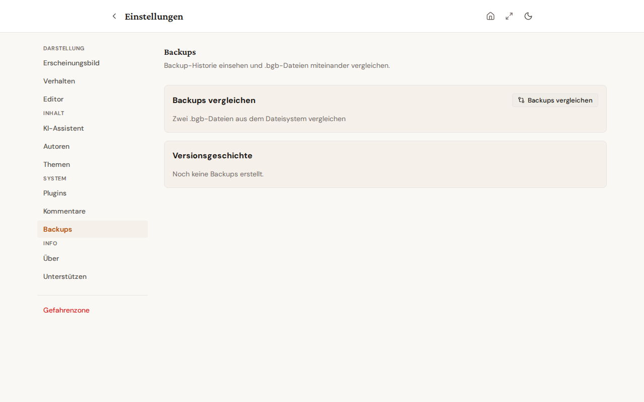 Einstellungen-Reiter Backups mit Versions-Historie und Backup-Vergleich