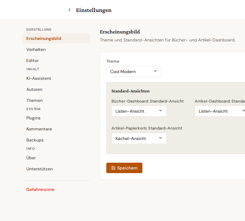 Settings-Seite mit Sidebar-Navigation